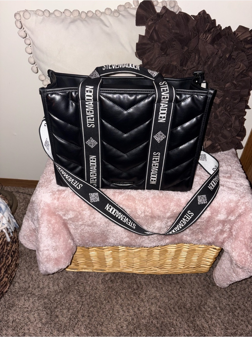 Steve Madden Black Quilted Logo Strap Tote